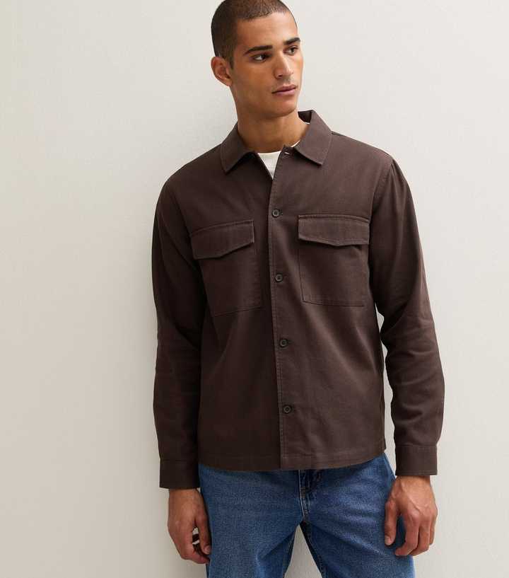 Dark Brown Cotton Twill Flap Pocket Long Sleeve Shirt