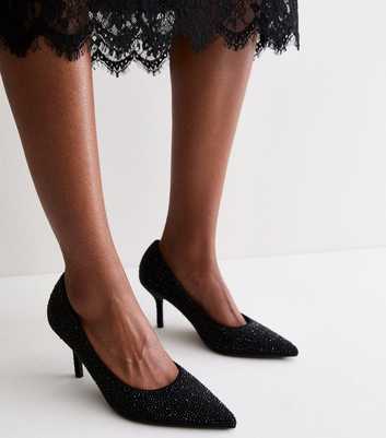 Black Embellished Pointed Toe Court Shoes