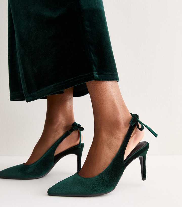 Dark Green Velvet Bow Slingback Pumps