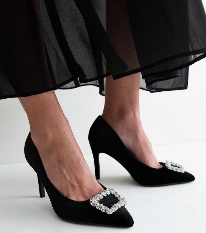 Wide Fit Black Velvet Embellished Buckle Court Shoes