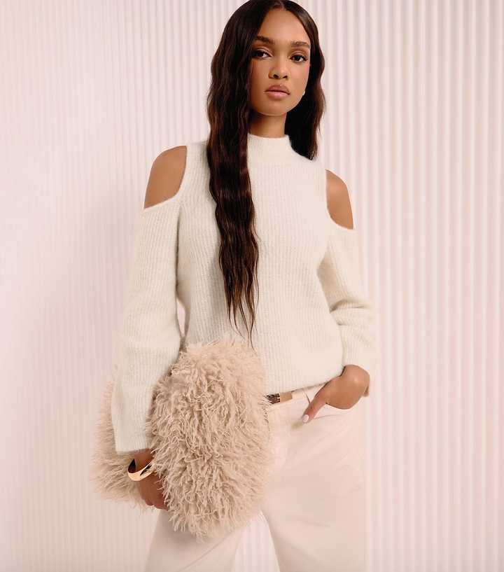 Cream Ribbed Knit Cold Shoulder Jumper with Wool