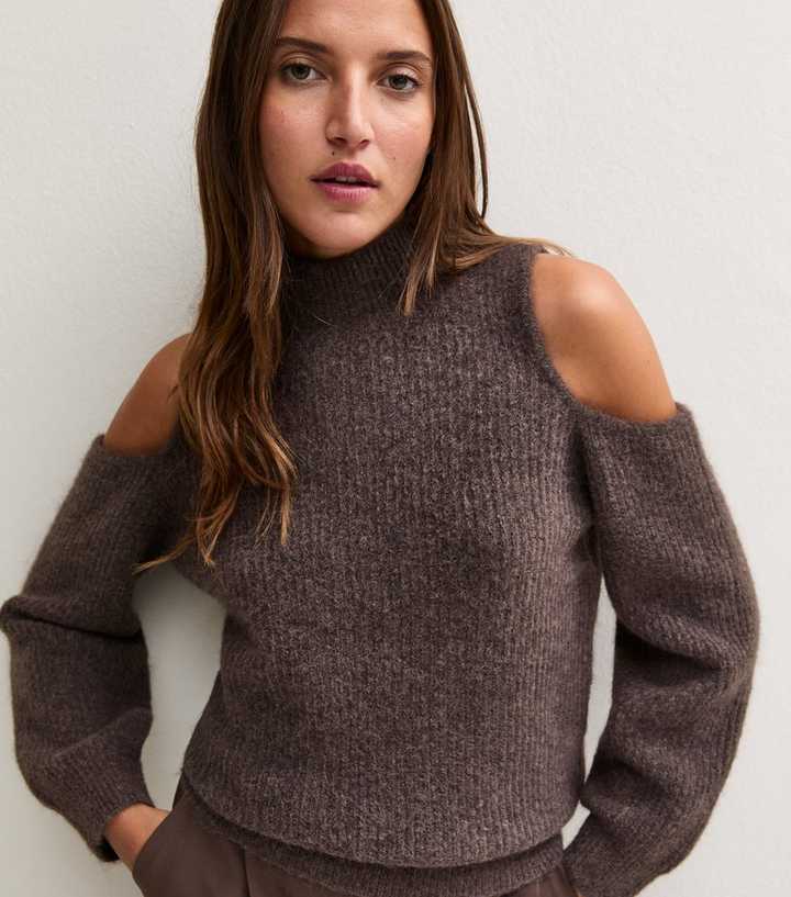 Dark Mink Ribbed Knit Cold Shoulder Jumper with Wool