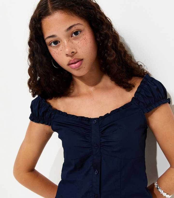 Girls Navy Cotton Ruched Button Front Cap Sleeve Top