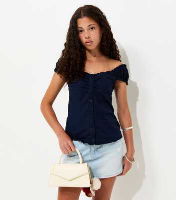 Girls Navy Cotton Ruched Button Front Cap Sleeve Top