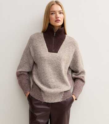 Brown Colour Block Knitted Quarter Zip Jumper with Wool