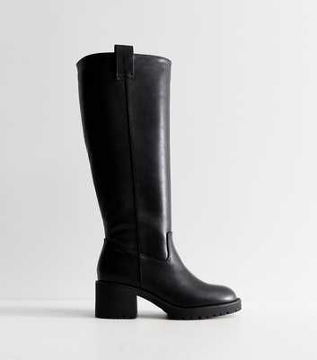 Wide Fit Black Faux Leather Cleated Heel Knee High Boots