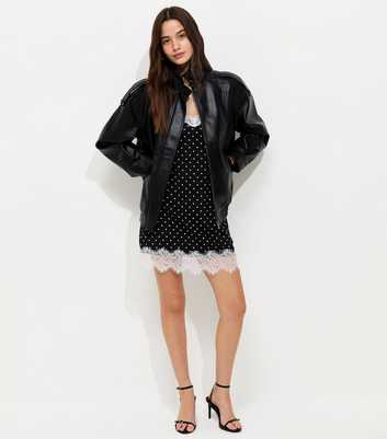 Black Mesh Polka Dot Lace Trim Mini Dress