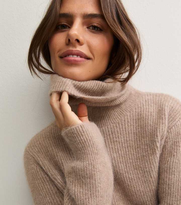 Light Mink Slouchy Roll Neck Jumper with Wool