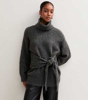 Dark Grey Knitted Tie Waist Roll Neck Jumper with Wool