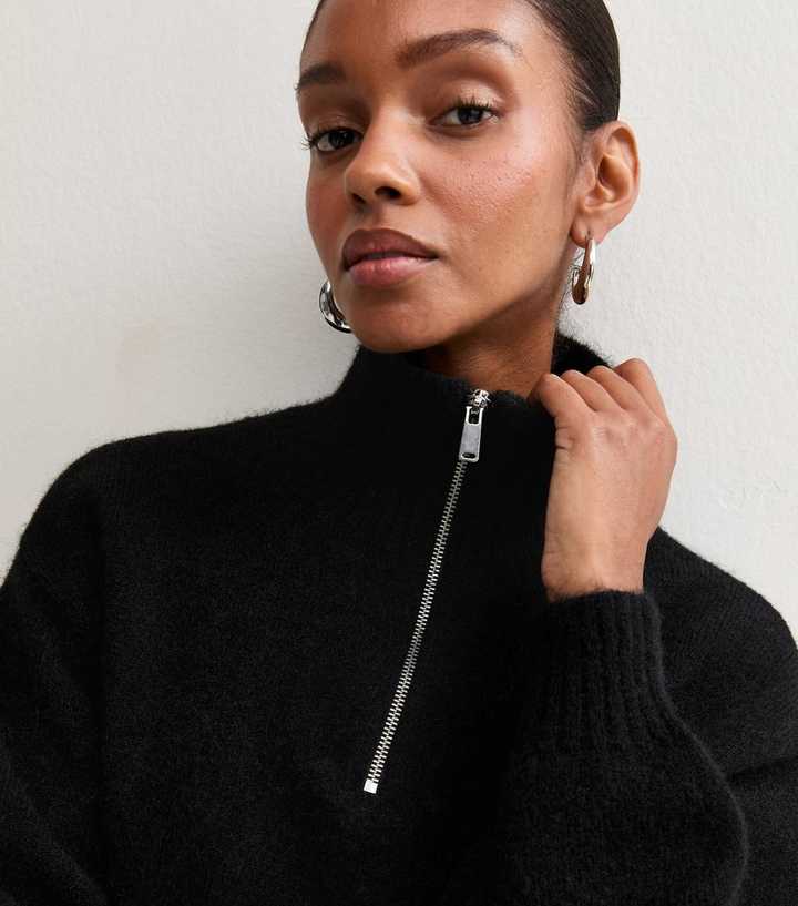 Black Quarter Zip Funnel Neck Jumper with Wool
