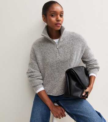 Mid Grey Quarter Zip Funnel Neck Jumper with Wool
