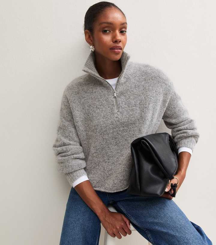 Mid Grey Quarter Zip Funnel Neck Jumper with Wool