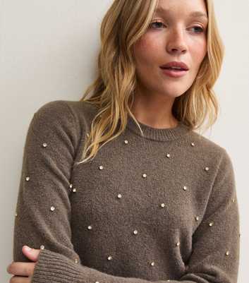 Dark Mink Knitted Diamante Stud Embellished Jumper