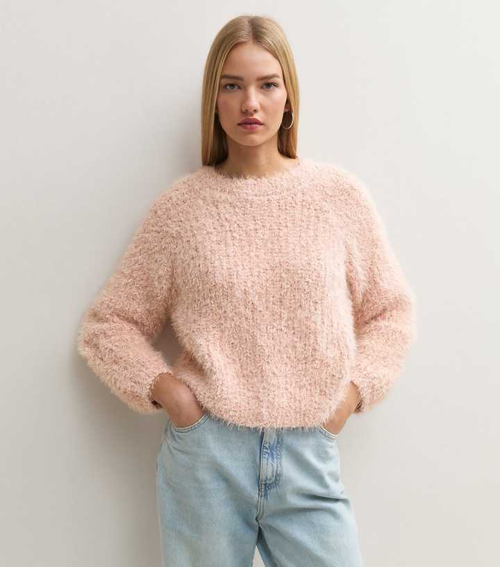 Pink Textured Fluffy Crew Neck Jumper