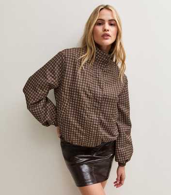 Brown Check Funnel Neck Windbreaker Jacket