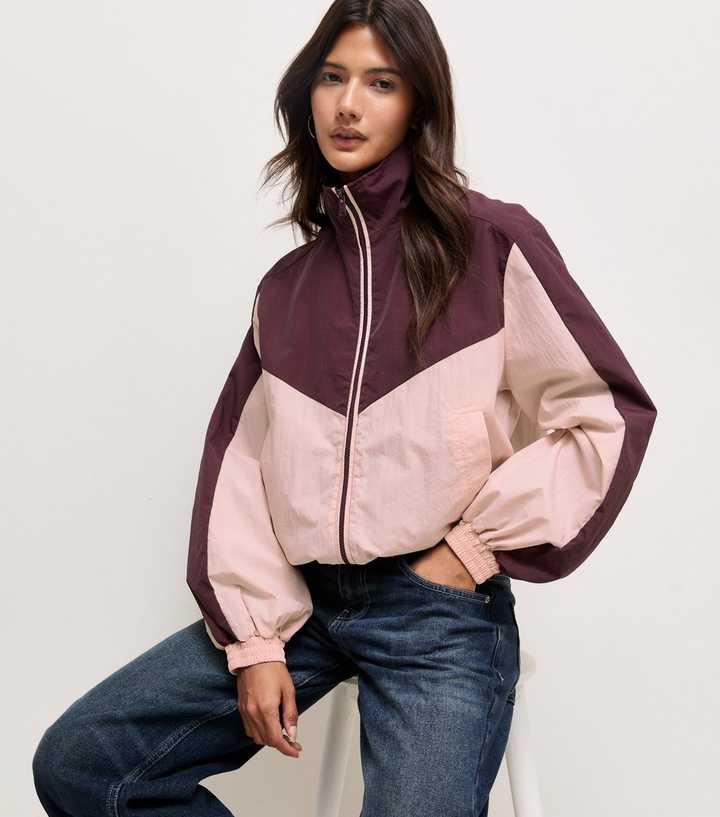 Red Panelled High Neck Windbreaker Jacket