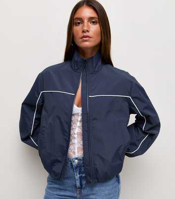 Navy Piped Trim Funnel Neck Windbreaker Jacket
