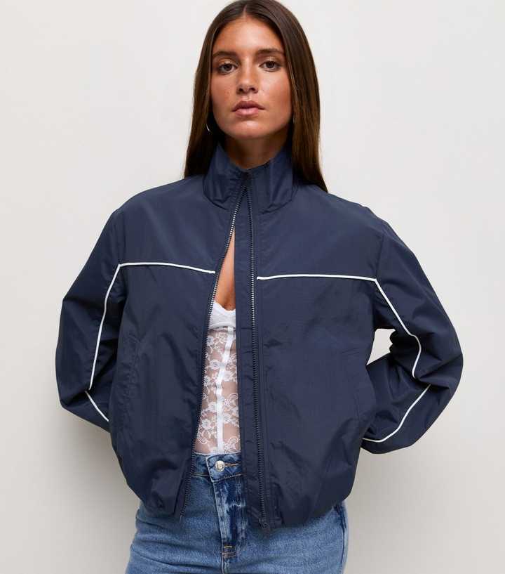 Navy Piped Trim Funnel Neck Windbreaker Jacket