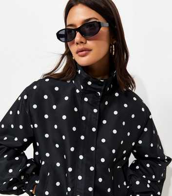 Black Woven Polka Dot Zip Up Windbreaker Jacket