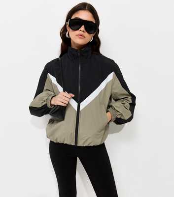 Black Colour Block Zip Up Funnel Neck Windbreaker Jacket