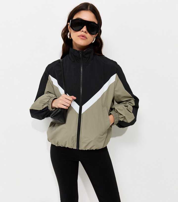 Black Colour Block Zip Up Funnel Neck Windbreaker Jacket