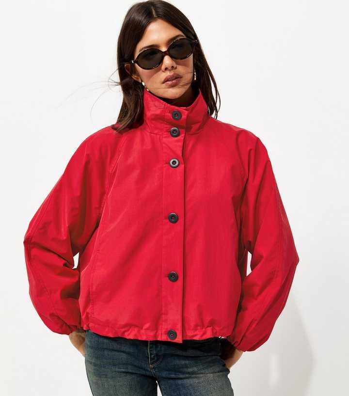 Bright Red Button Front Windbreaker Jacket