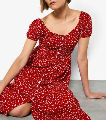 Apricot Red Heart Print Button Through Midi Dress
