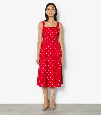 Apricot Red With Linen Polka Dot Print Midi Dress
