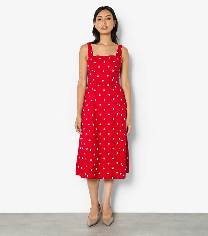 Apricot Red With Linen Polka Dot Print Midi Dress