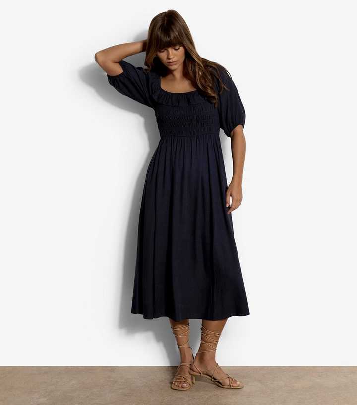 Apricot Navy With Linen Bardot Midi Dress