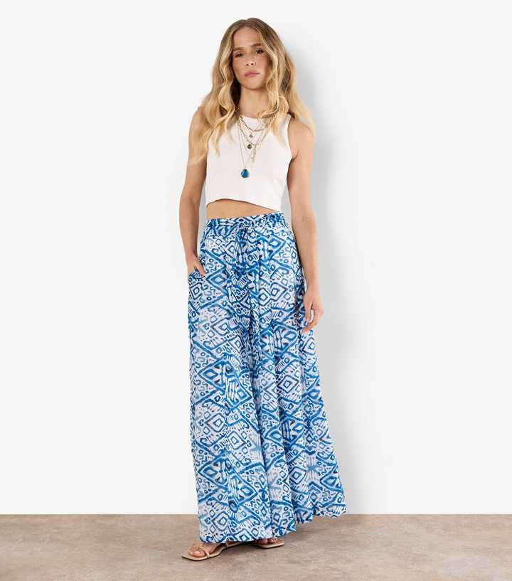 Apricot Blue Ikat Print Palazzo Trousers