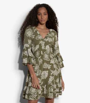 Apricot Light Khaki Floral Print Smocked Waist Mini Dress