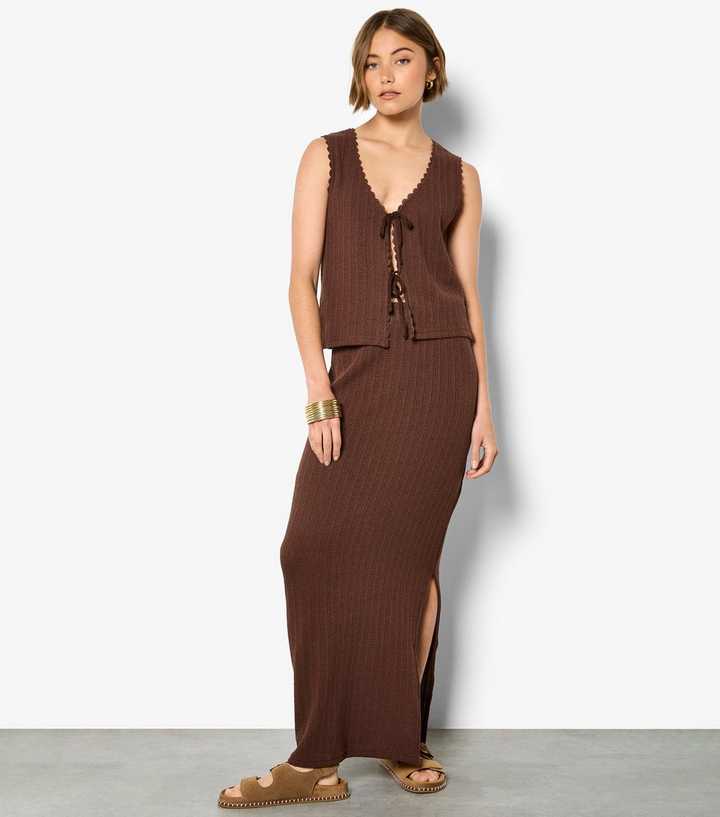 Apricot Dark Brown Tie Front Pointelle Top