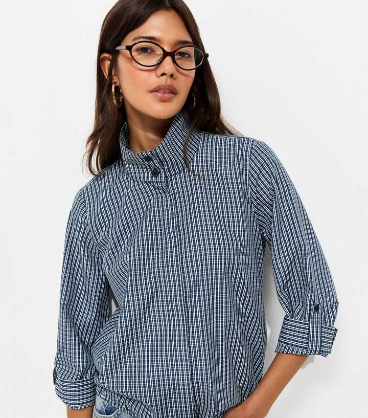 Navy Check Cropped Sleeve Funnel Neck Shirt