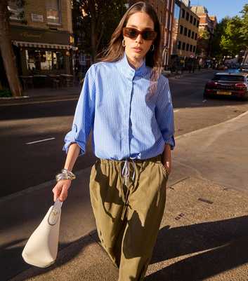 Bright Blue Check Cropped Sleeve Funnel Neck Shirt