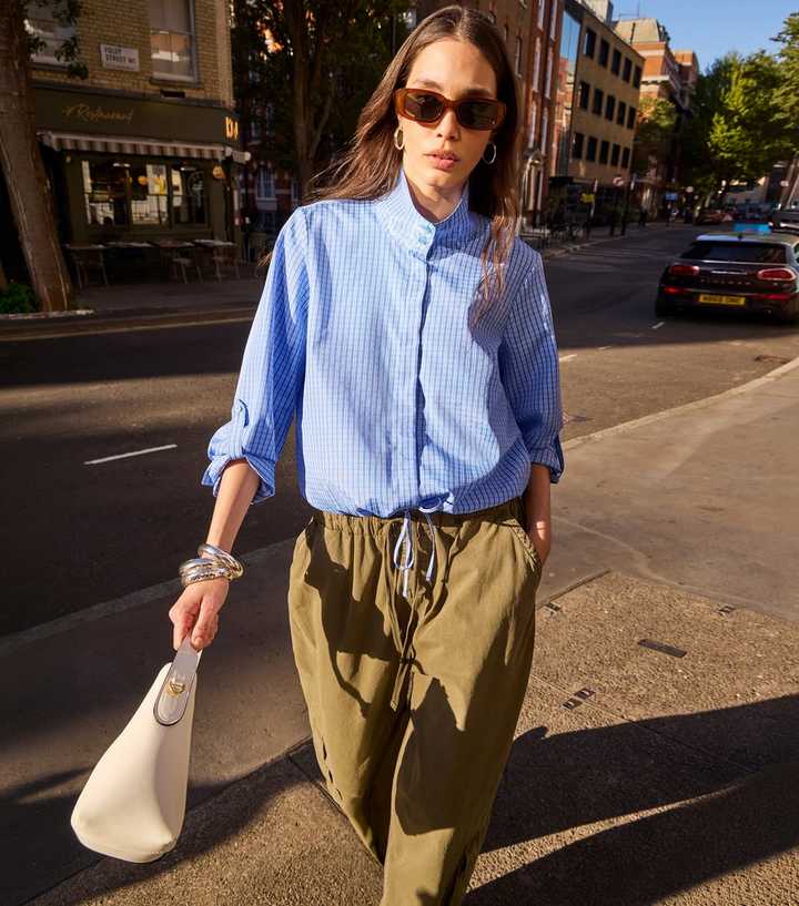 Bright Blue Check Cropped Sleeve Funnel Neck Shirt