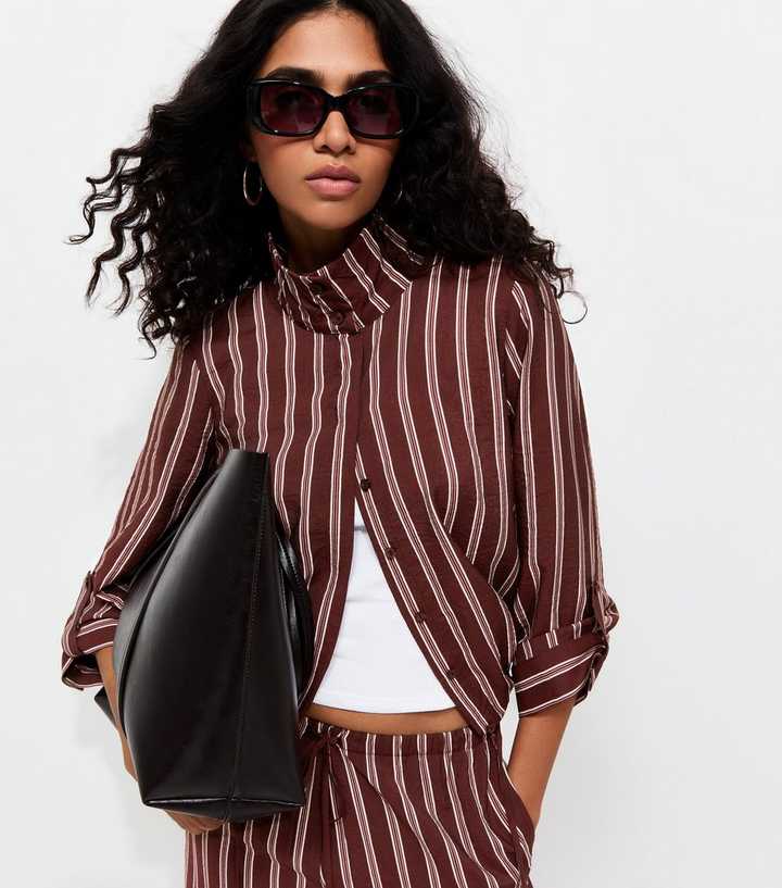 Burgundy Striped Funnel Neck Shirt