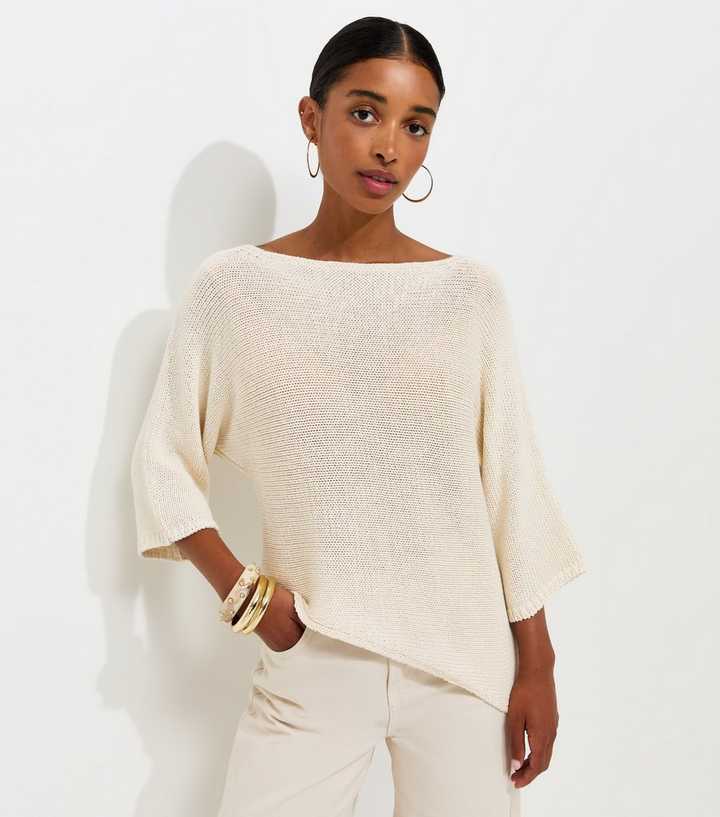 Off White Open Knit Asymmetric Hem Slash Neck Top