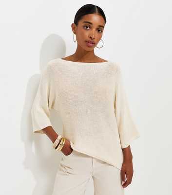 Off White Open Knit Asymmetric Hem Slash Neck Top