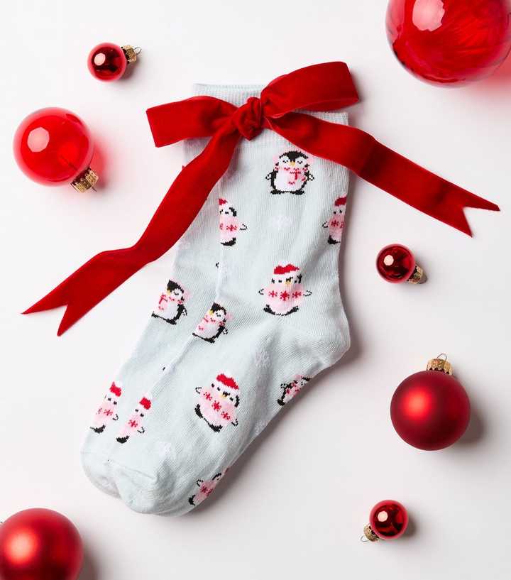Light Blue Cotton Rich Christmas Penguin Patterned Ankle Socks