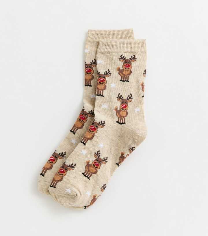 Oatmeal Christmas Reindeer Pattern Ankle Socks