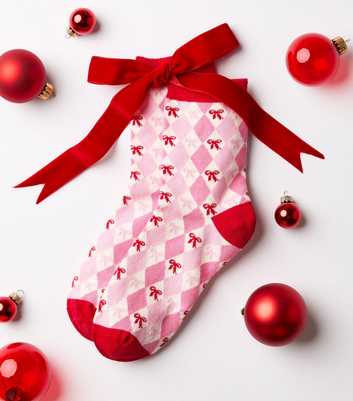 Pink Cotton Rich Christmas Bow Argyle Pattern Ankle Socks
