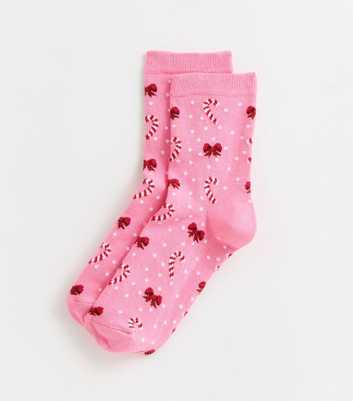 Pink Christmas Candy Cane Bow Pattern Socks