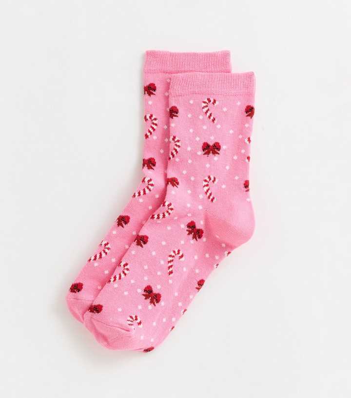 Pink Christmas Candy Cane Bow Pattern Socks