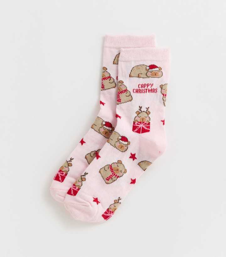 Pink Christmas Capybara Christmas Pattern Socks