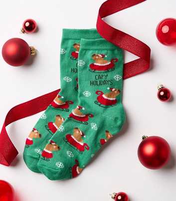 Green Cotton Rich Christmas Capy Holidays Pattern Ankle Socks