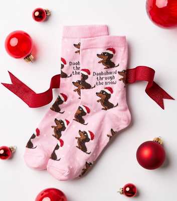 Pink Cotton Rich Christmas Dachshund Through The Snow Ankle Socks