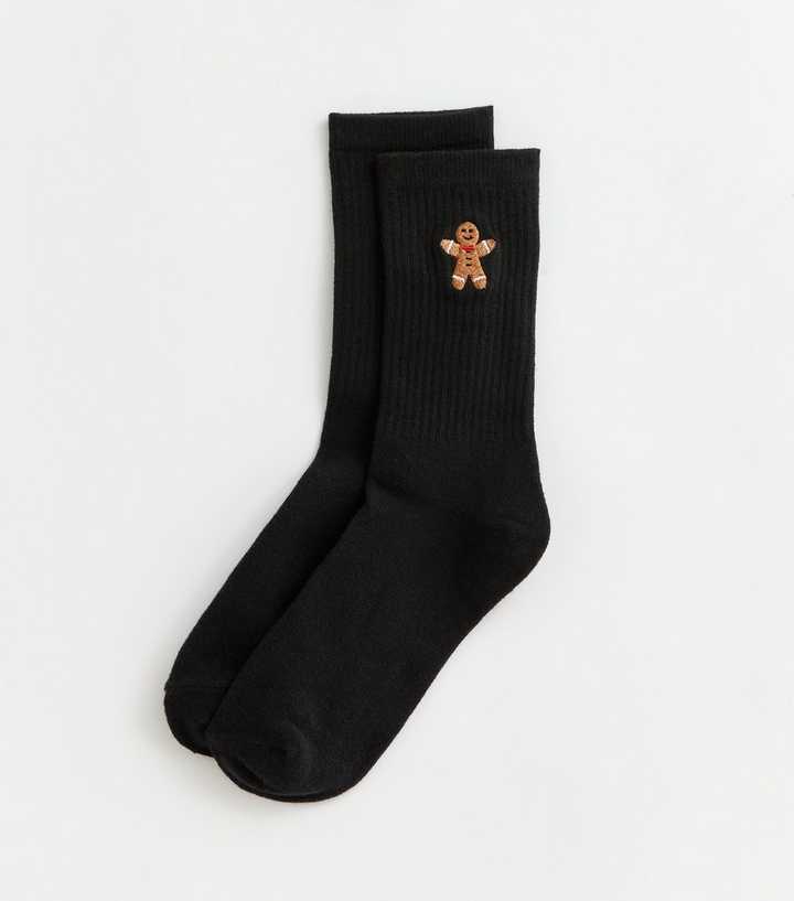 Black Christmas Gingerbread Embroidered Ankle Socks