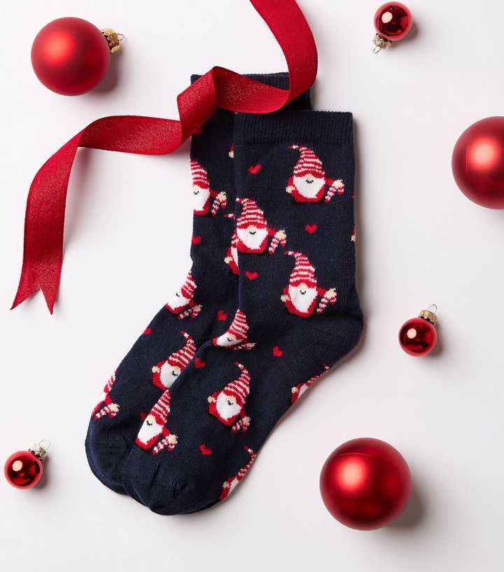 Navy Cotton Rich Christmas Santa Pattern Ankle Socks