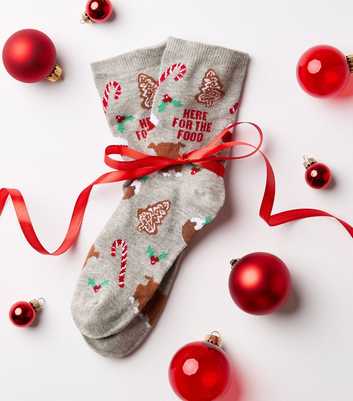 Dark Grey Cotton Rich Here For The Food Slogan Christmas Ankle Socks